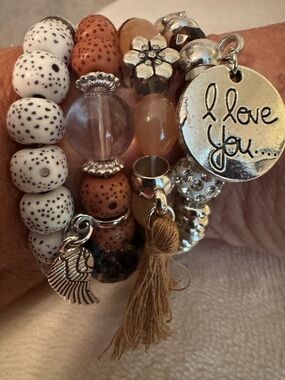 Boho Beaded Multi-Strand Charm Bracelet - I Love You Pendant - Brown & White